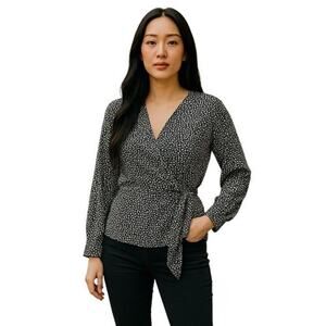 Talbots Top Womens Small Black White Dots Side Tie Wrap Blouse Top Career Modern